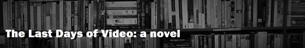 Bookshelf image with text reading Last Days of Video, a novel.